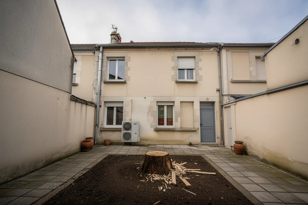 Cour dégagée après abattage du conifère à Orléans