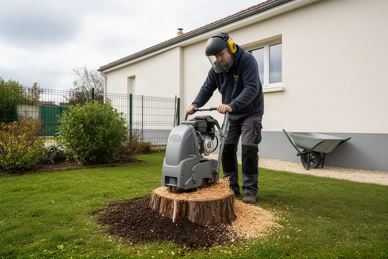 Rogneuse supprimant une souche dans un jardin à Orléans